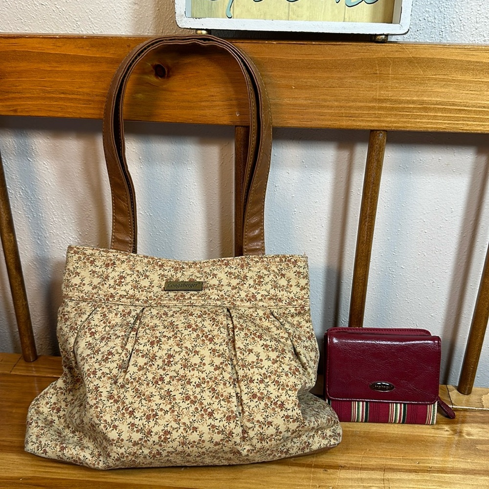 GUC Longaberger Handbag beige floral plus Wallet Bundle
